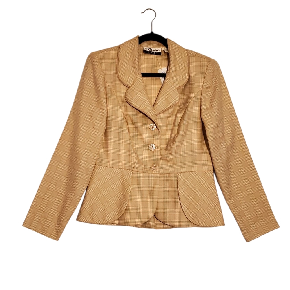 New Marnie West Vintage Plaid Beige Tan Button Up Blazer Jacket Size 10 NWT